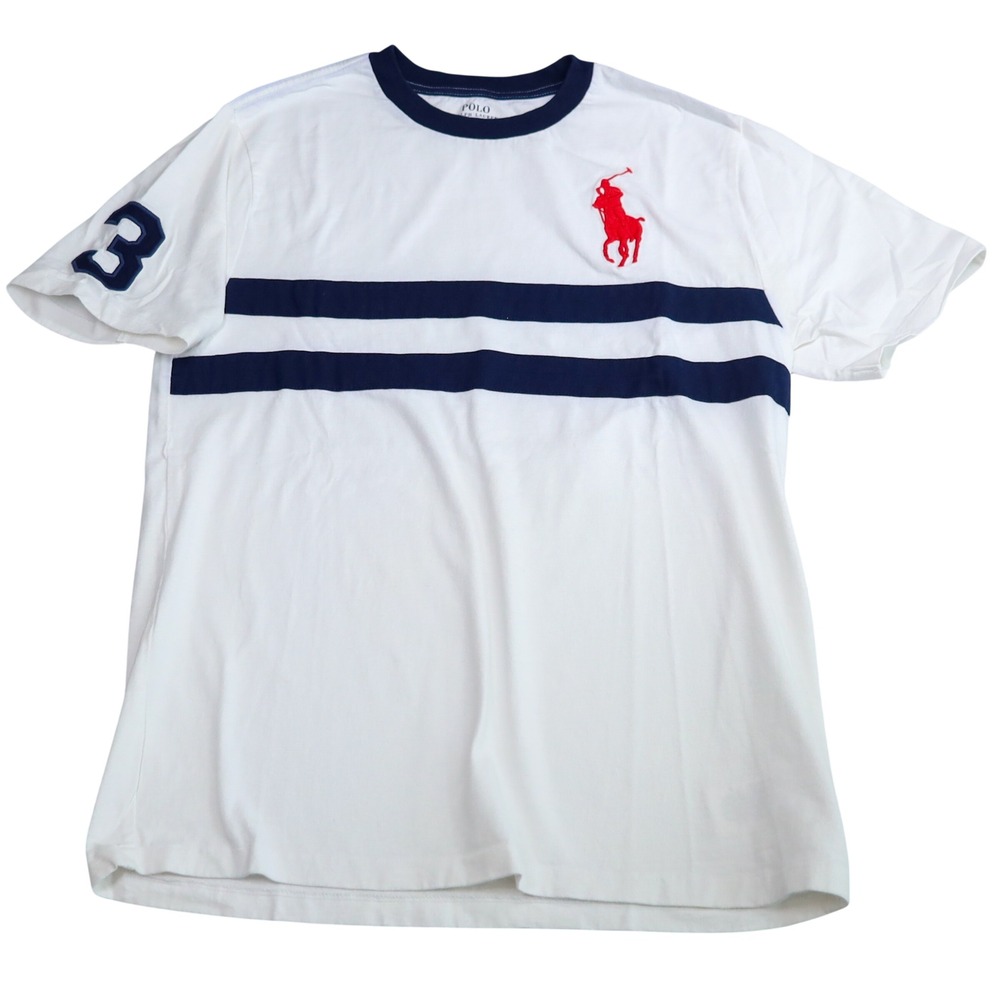 Polo Ralph Lauren T-Shirt Kids XL 18-20 White Big Pony Navy Stripe Short Sleeve
